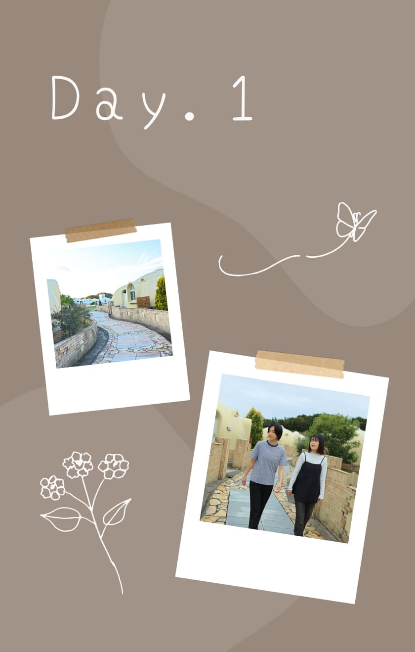 Day.1の文字と2枚の旅行写真があるコラージュ画像