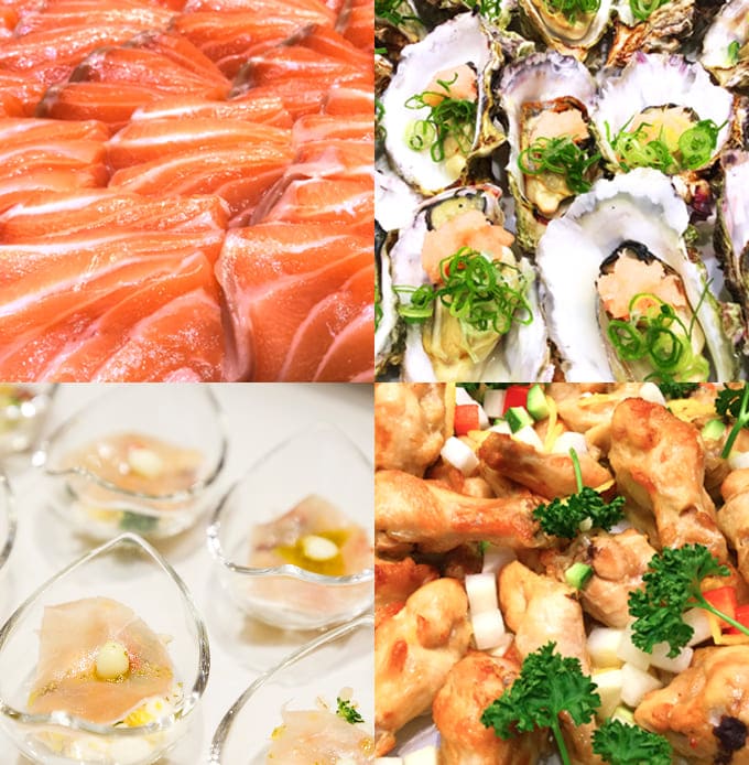 サーモンの刺身、生ガキ、前菜、チキン料理の盛り合わせ