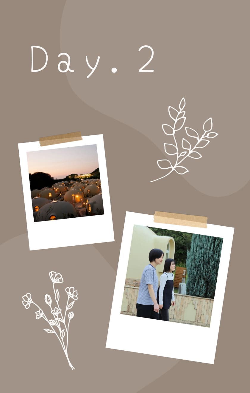 Day.2の文字と2枚の旅行写真があるコラージュ画像