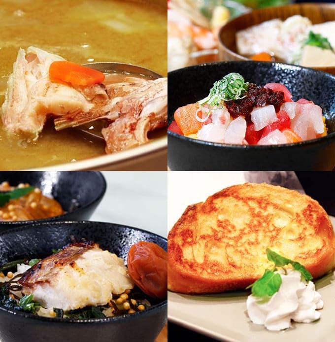 魚のアラ汁、海鮮丼、焼き魚と梅干しのお茶漬け、フレンチトーストと生クリームの盛り合わせ